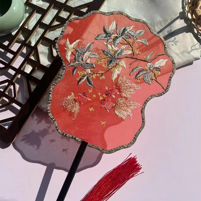 Chinese Style Hanfu Ancient Fan Dance Shooting Long Handled Embroidered Classical Double Sided Fan Female Decorative Fan