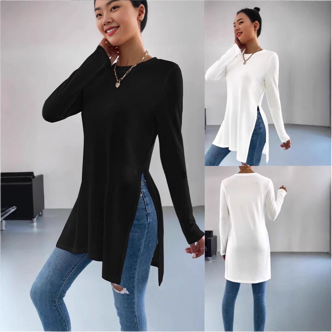 

2024 Trendy Casual Crew Neck Long Sleeve T-shirt with Side Slits - Solid Colors for Autumn/Winter Medium белый