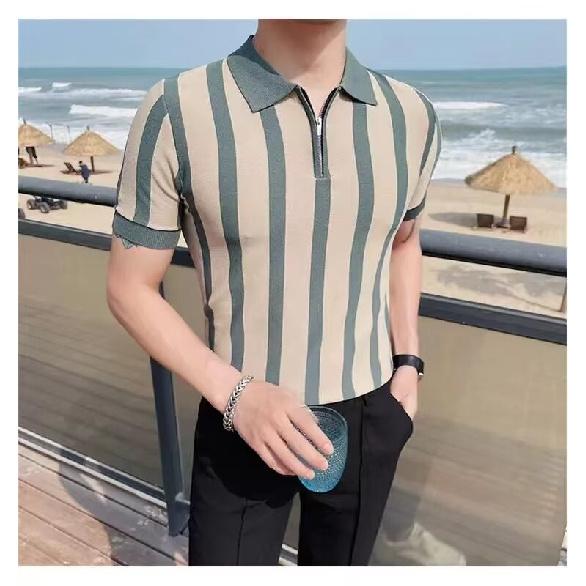 Summer Men's Knitted Short Sleeve Half-Zip Polo Shirt Korean Style Slim Fit Casual Turn-Down Collar Half Sleeve T-Shirt Base Shirt