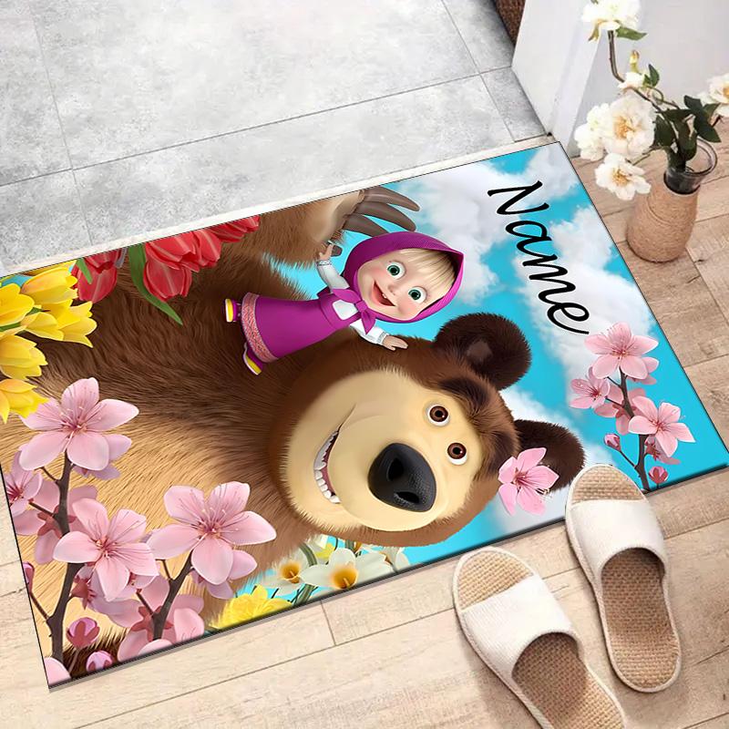 Custom Masha and the Bear Mat Personalized Name, Polyester Washable Indoor Entryway Rug, Gift for Christmas, Easter, Thanksgiving Day