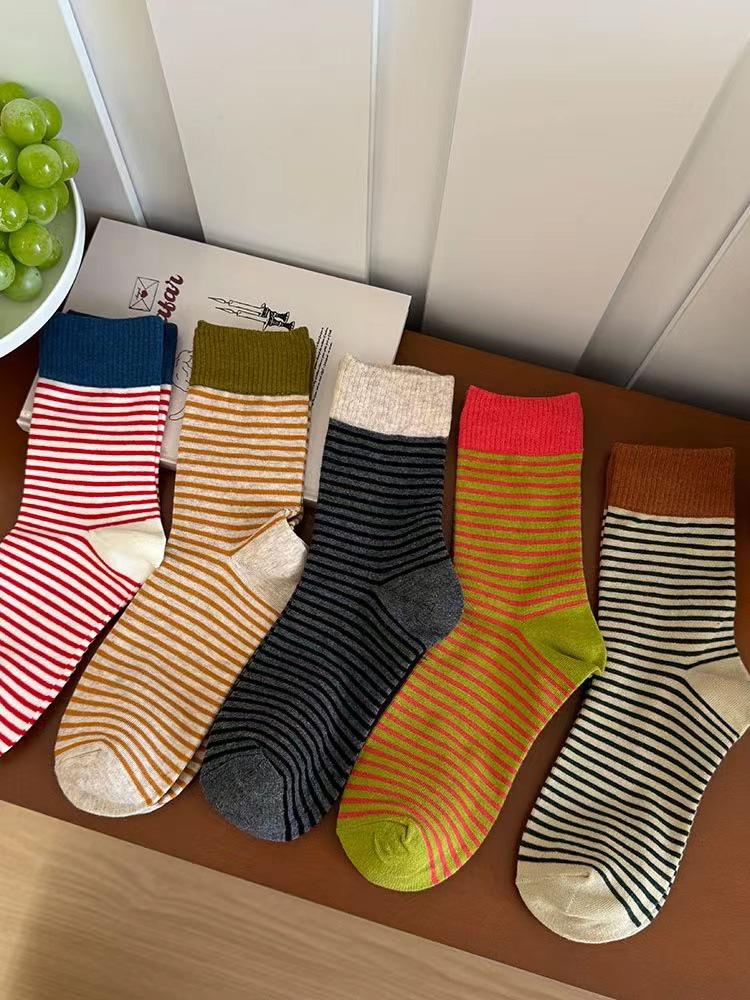 Korean Striped Cotton Mid-Calf Socks for Women - Spring/Autumn Trendy Long Socks, Summer Thin Style