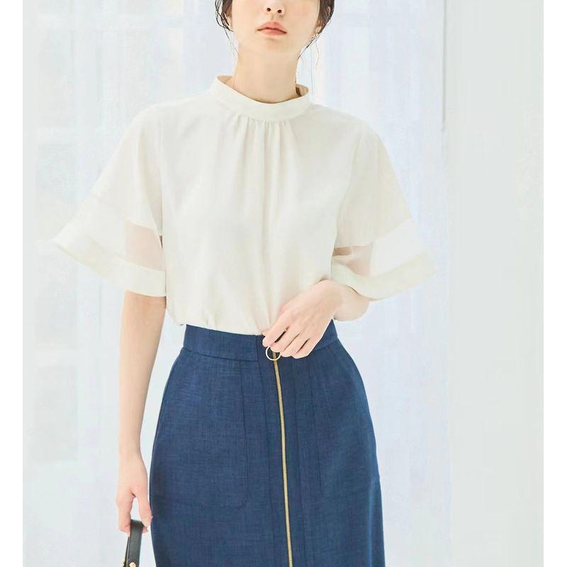 

Japanese Order Original Order 2024 Summer New Arrival Thin Western Style Temperament Wild round Neck Mesh Stitching Short Sleeve Shirt for Women White F