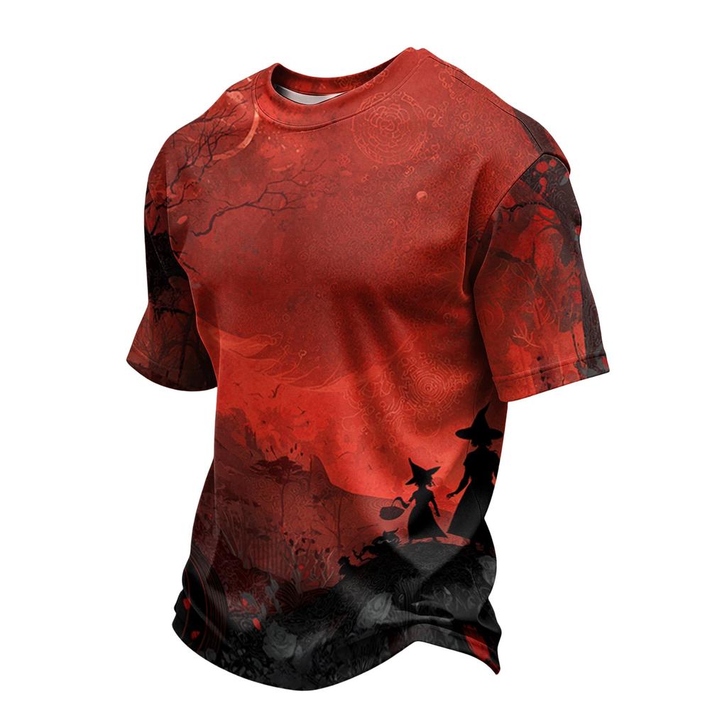 Men's Casual Printed Crew Neck Lightweight Breathable Short Sleeve Shirt Halloween Pattern Comfortable Fit