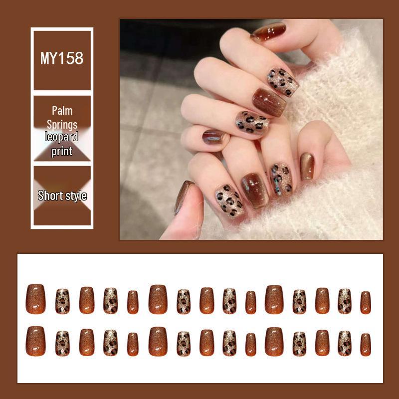 

Caramel Glitter Cat Eye Leopard Press-On Nails - Advanced Whitening Short Nail Art Stickers (Full Size)