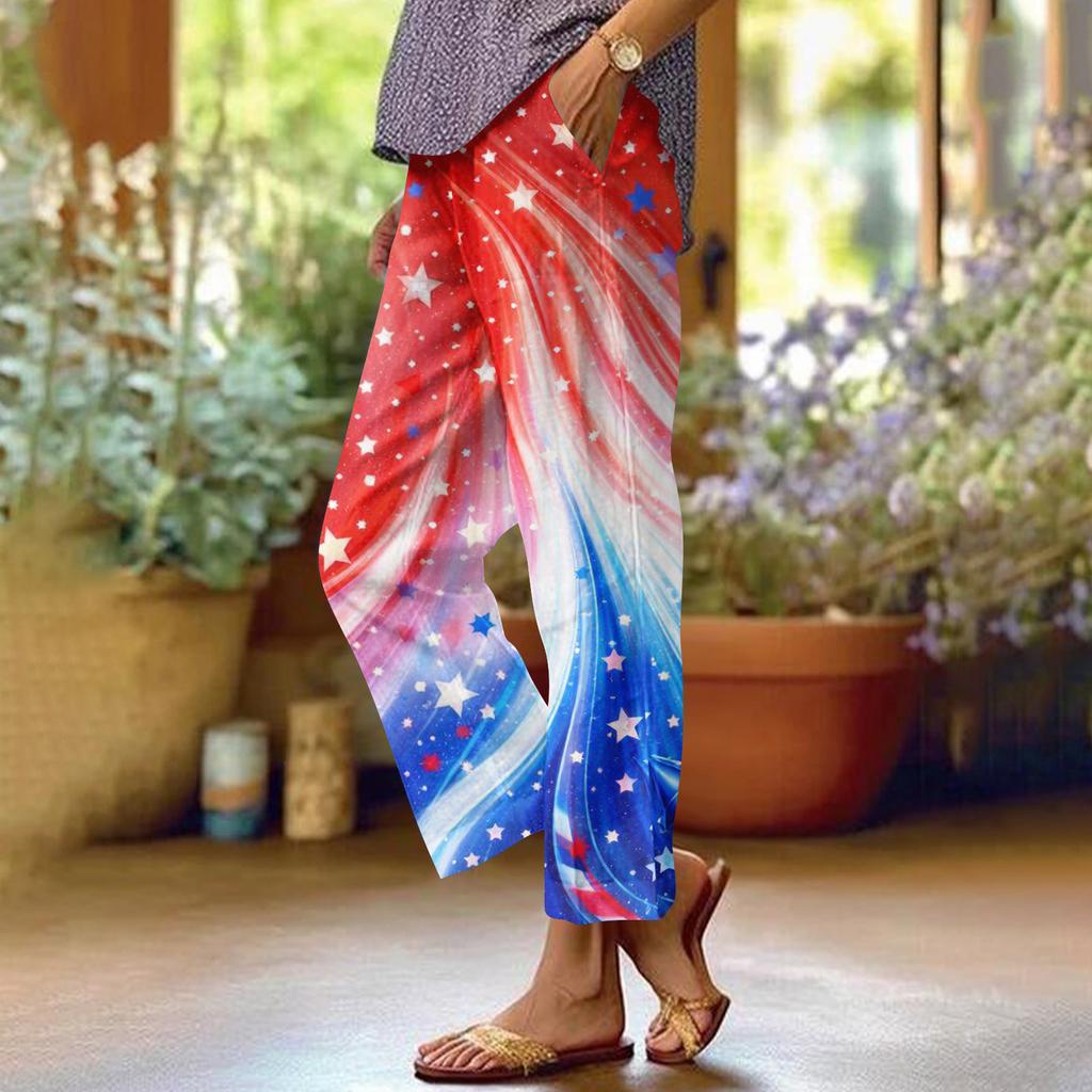 Dámské ležérní módní potištěné kalhoty s rovnými nohavicemi s kapsami