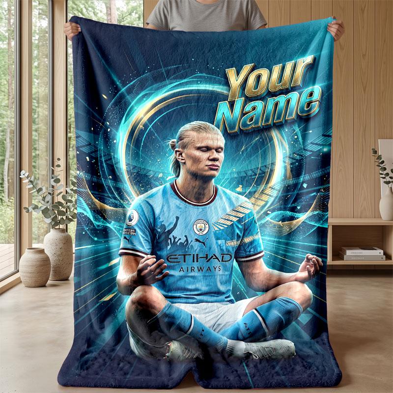 Erling Haaland Custom Name Text Flannel Blanket Soccer Logo Personalized Fleece Throw Blanket Special Gift For Sofa Bedroom Home