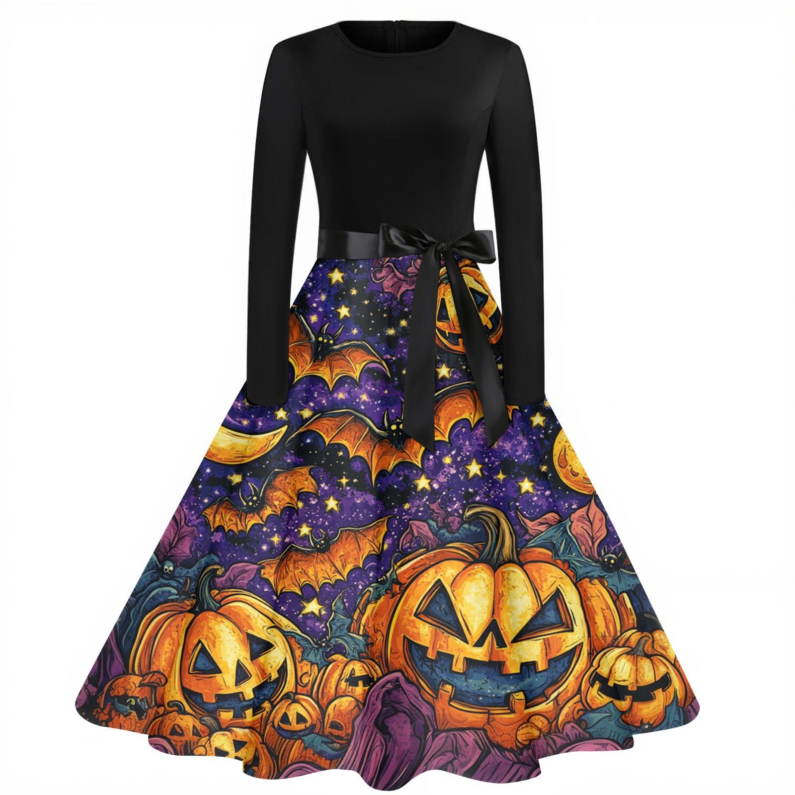 

Women s Fashion Vintage Long Sleeve Round Neck Halloween Printed Party Gown Dress M