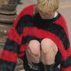 Red and Black Striped Seahorse Wool Men's Knitted Sweater - Winter Mink-Like Couple's Jacket
