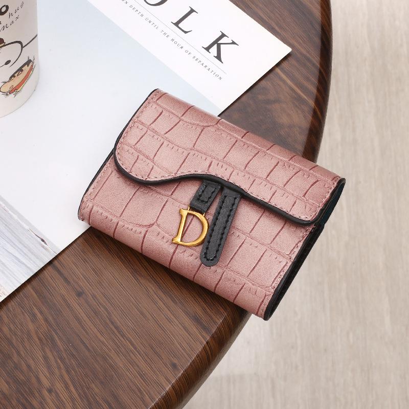 Women's 2022 Korean Style Crocodile Embossed Tri-Fold Wallet with D-ring Buckle Coin Pocket and Card Slots.