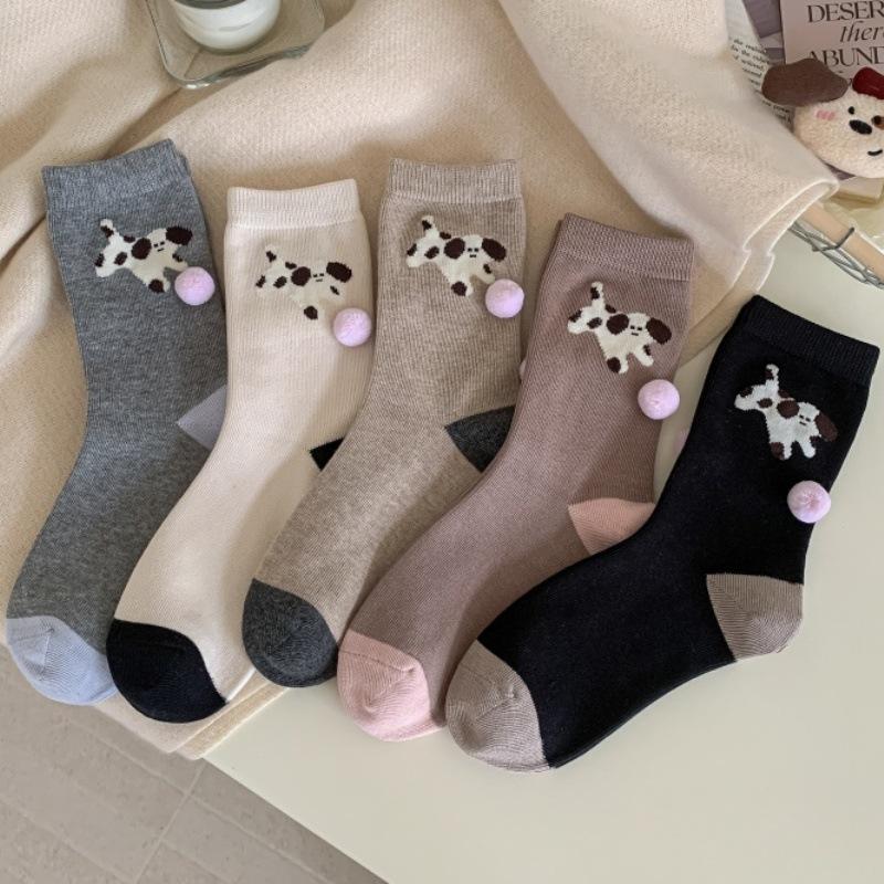 1pair Cute Women Socks Puppy Socks For Women Animal Pattern Cotton Socks With Fur Ball Funny Mid-tube Socks Calcetines Mujer