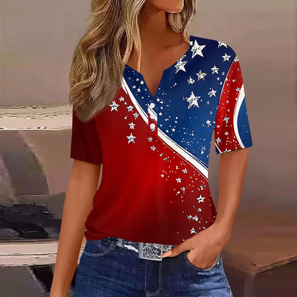 Women's T Shirt Independence Day Print Button Short Sleeve Daily Weekend Fashion Basic V- Neck Regular Top