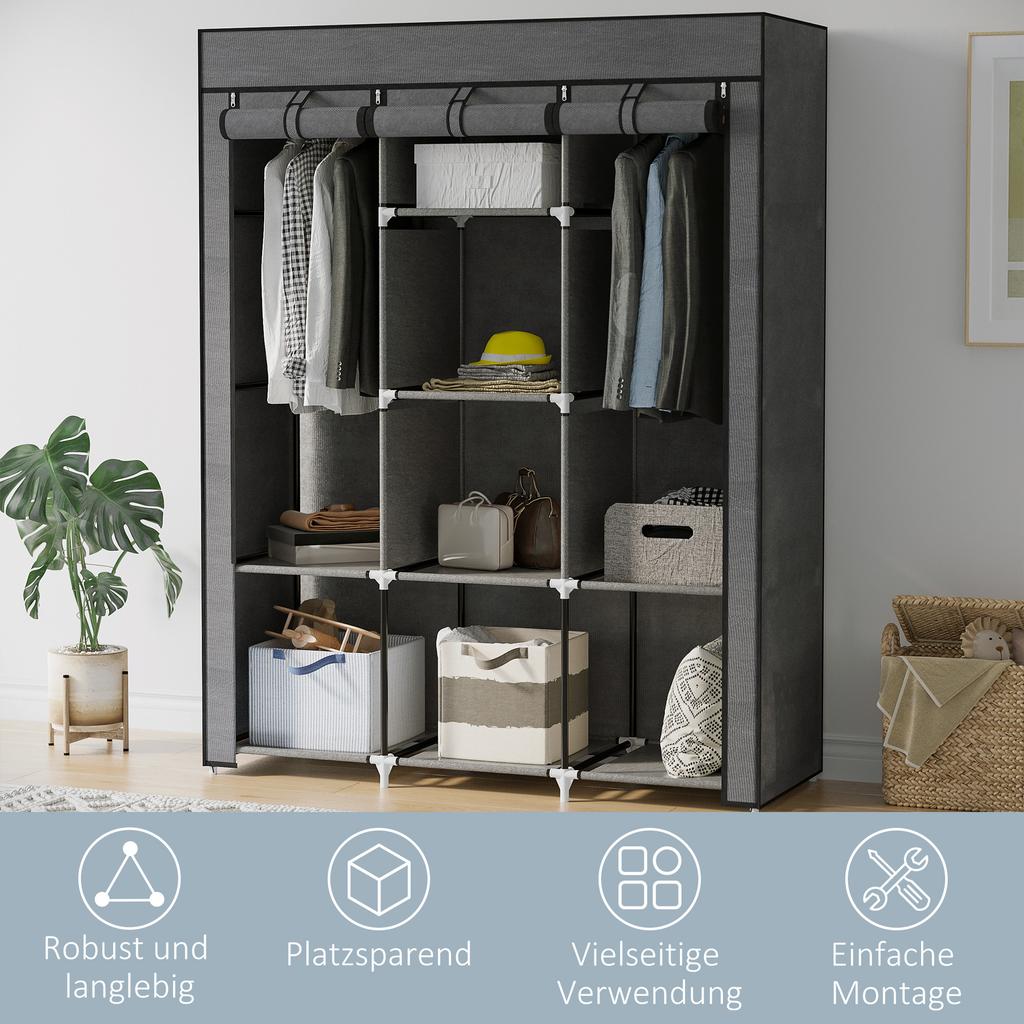 Fabric Wardrobe, with Rails and Shelves - Dark Grey