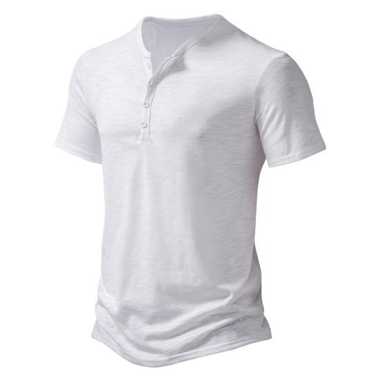 Men Summer T-shirt Solid Color Pullover Buttons O Neck Short Sleeves Daily Wear Thin Mid Length Breathable Men Top Men Clothes