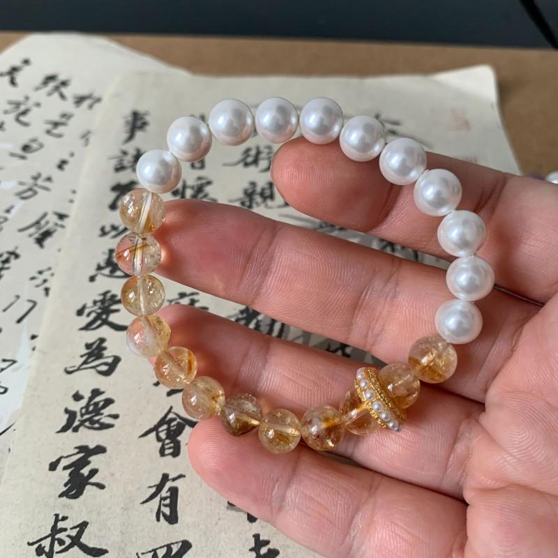 Natural Crystal Bracelet With Amethyst Citrine Beads Minimalist Double-Color Design Handmade Adjustable Ring Slider