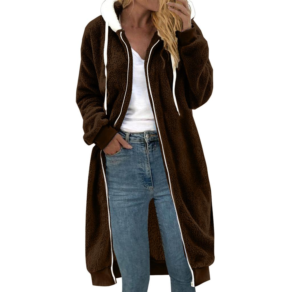 Ladies' Loose Comfortable Casual And Fashionable V-neck Long Sleeved Medium To Long Double-sided Plush Hooded Jacket