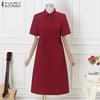 ZANZEA Women Casual Turn Down Collar Summer Short Sleeve Plain Dress