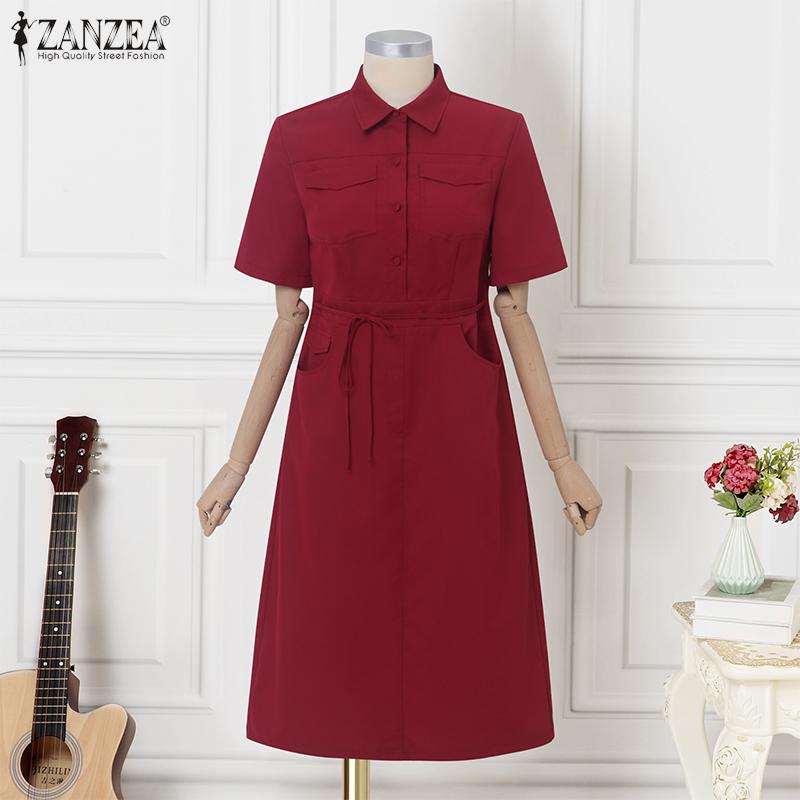 ZANZEA Women Casual Turn Down Collar Summer Short Sleeve Plain Dress