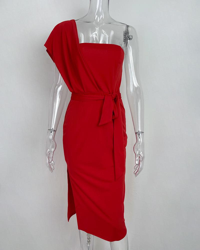 2025 Spring European & American Women's Sexy Lace-Up Bandeau Fly Sleeve Slit Evening Dress