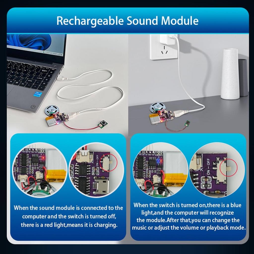 Sound Module,16 MB Push Button Control Activated Vioce Chips, MP3 Music Sound Module for Crafts, Christmas,New Year Greeting Presents Cards Box with