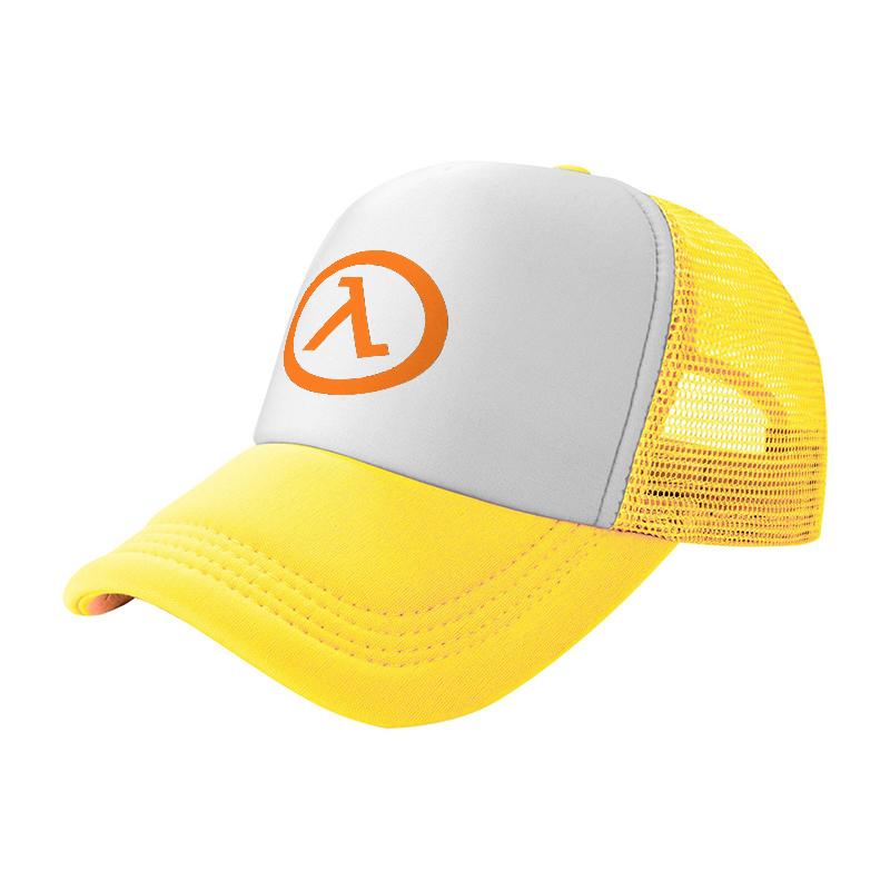 Lambda Logo Mesh Trucker Hat White Black Ventilated Baseball Cap Breathable Design for Outdoor Activities and Casual Wear