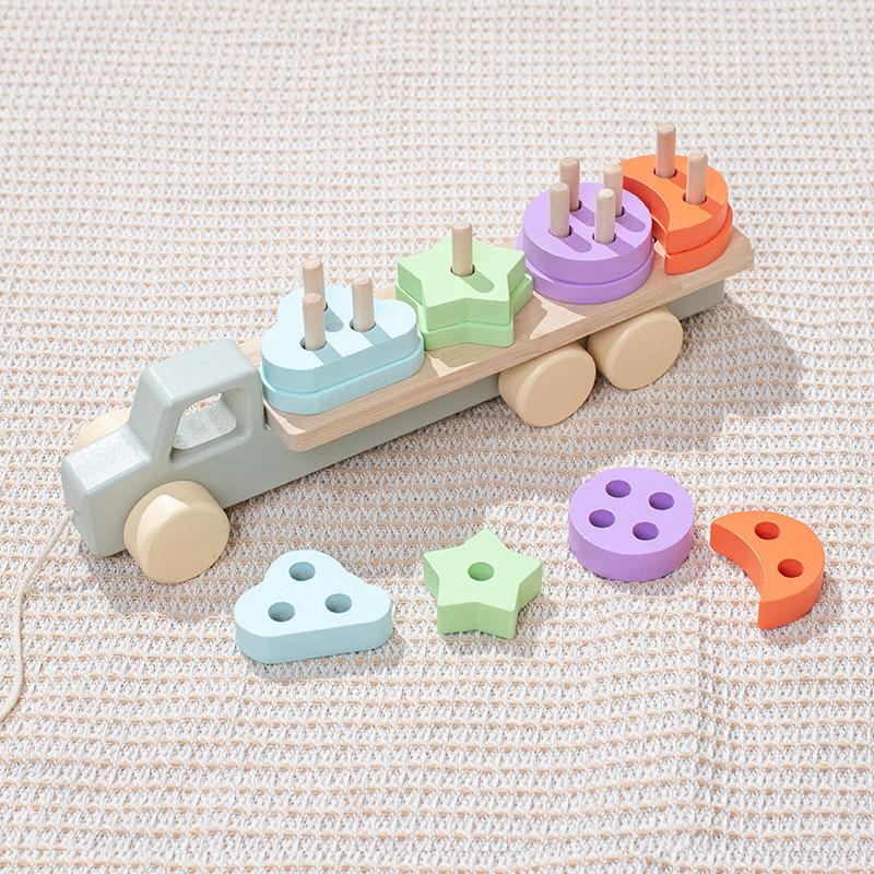 Wooden Montessori Toy Geometry Set Of Columns Baby Educational Toys Trailer Children Learning Toys For Cognitive Shape Pairing
