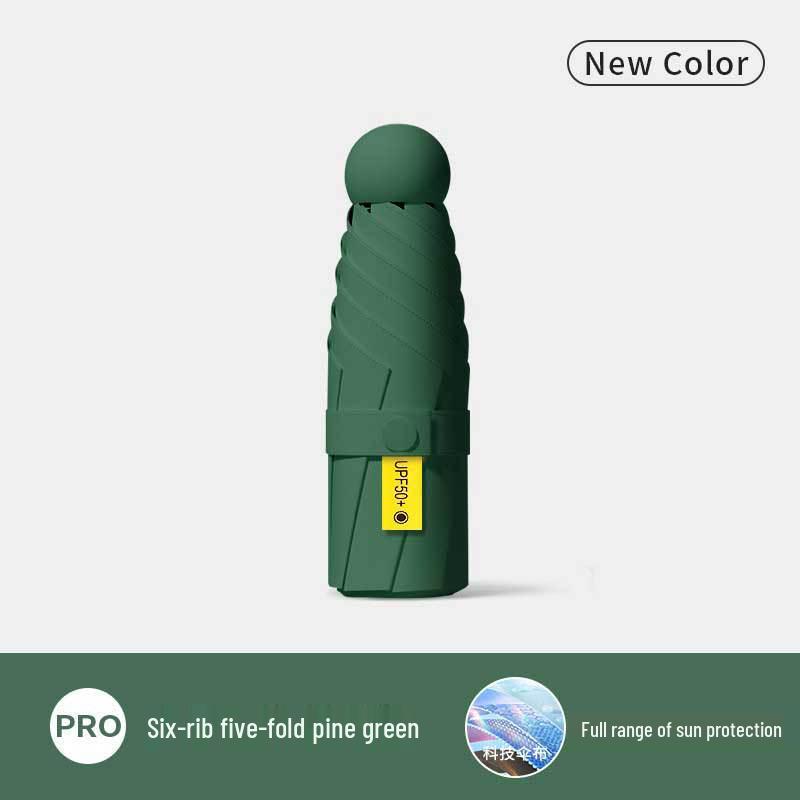 Five-Fold UV Protection Compact Sun and Rain Umbrella, Black Glue Coating.