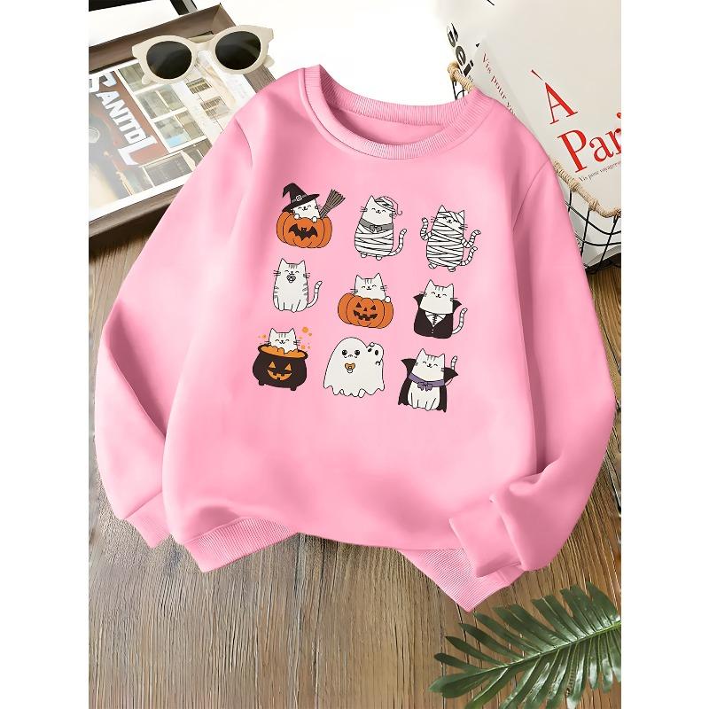 Kids Unisex Pink Crewneck Sweatshirt, Halloween Cute Cat Pumpkin Ghost Mummy Witch Print Long Sleeve, Kids Sweatshirt For Boys Girls Over 4 Years Old