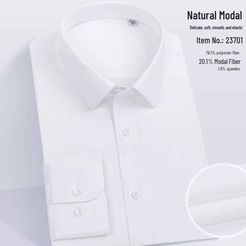 Men's Modal Stretch Long Sleeve Shirt - Non-Iron White, Spring & Autumn Style, Customizable LOGO, Professional Wear.