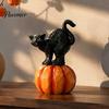 Black Cat Sculpture with Pumpkin Halloween Ornament, Vintage Wood Carving Style Decorative Resin Crafts for Entrance Figurine, Spooky Tabletop