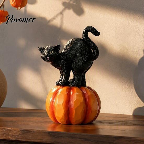 Black Cat Sculpture with Pumpkin Halloween Ornament, Vintage Wood Carving Style Decorative Resin Crafts for Entrance Figurine, Spooky Tabletop