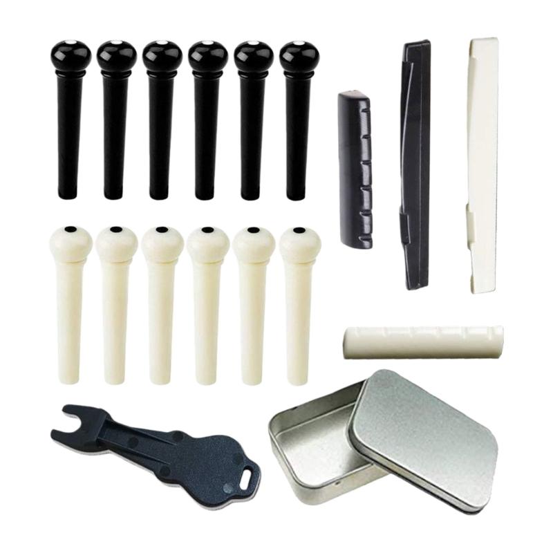 Acoustic Guitar Bridge Pin Set with Saddles and Metal Puller Tool Suitable for Easy String Replacement and Maintenance