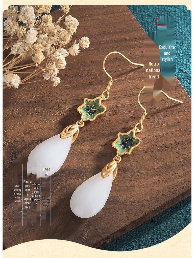 Chinese Retro Cloisonné Tassel Earrings with Hetian Jade