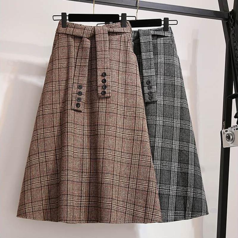 Gonna di lana autunnale e invernale da donna, stile coreano, spessa, a vita alta, lunga, gonna a pieghe a trapezio, scozzese, da donna