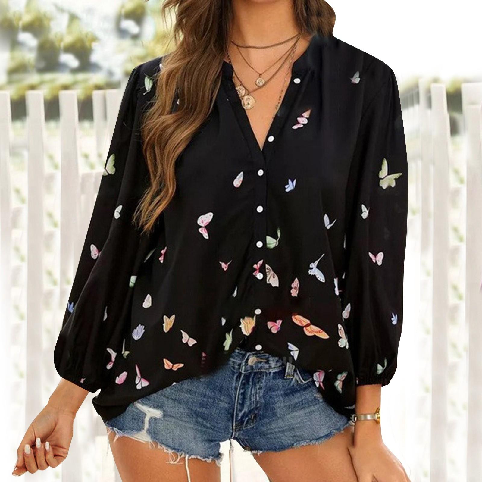 Fashion Womens Leisure Print Long Sleeve V-Neck Casual Loose Tops L чёрный