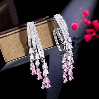CMM Kreatives Design, Bling-Cluster, rosa Zirkonia, baumelnde Quaste, lange Ohrringe für Frauen, festliches Party-Geschenk
