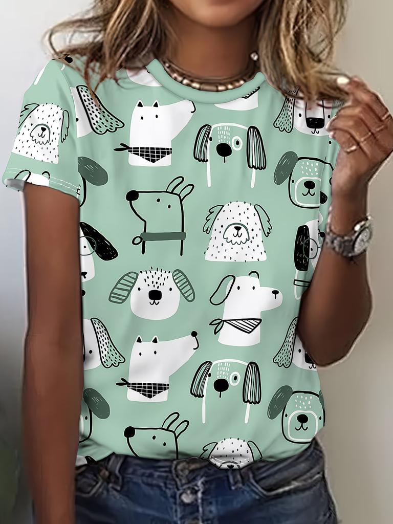 Damen Niedliche T-Shirts Rundhals Kurzarm Cartoon Hund Druck T-Shirt Damen Outfits Lässig Tägliche Kleidung