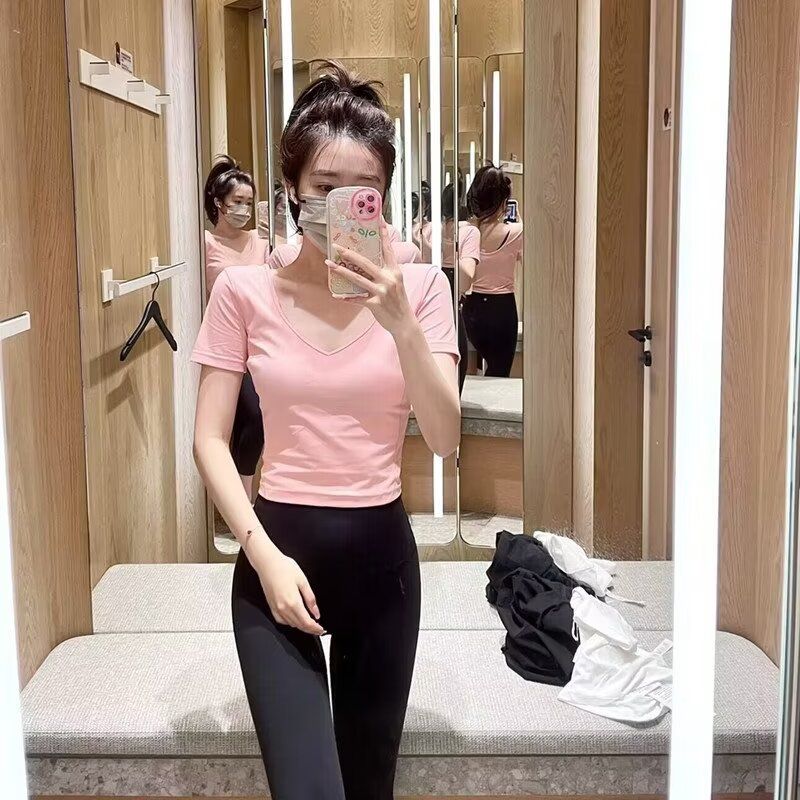 

Special Offer Big Sale Yoga Clothes V Neck Tops Summer Breathable Professional Sports Fitness Short Sleeve Crop Top T-shirt for Women Pink L