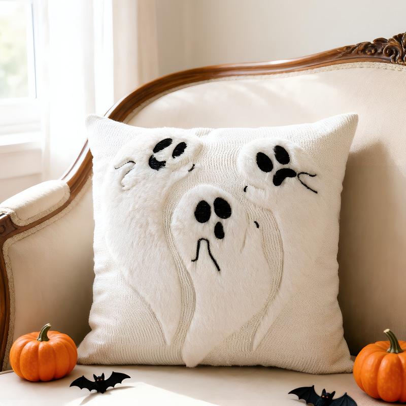 Halloween Pumpkin Ghost Throw Pillow Cover Soft Plush Pillow Cushion Case Velvet Back Pillowcase for Home Living Room Bed Decor