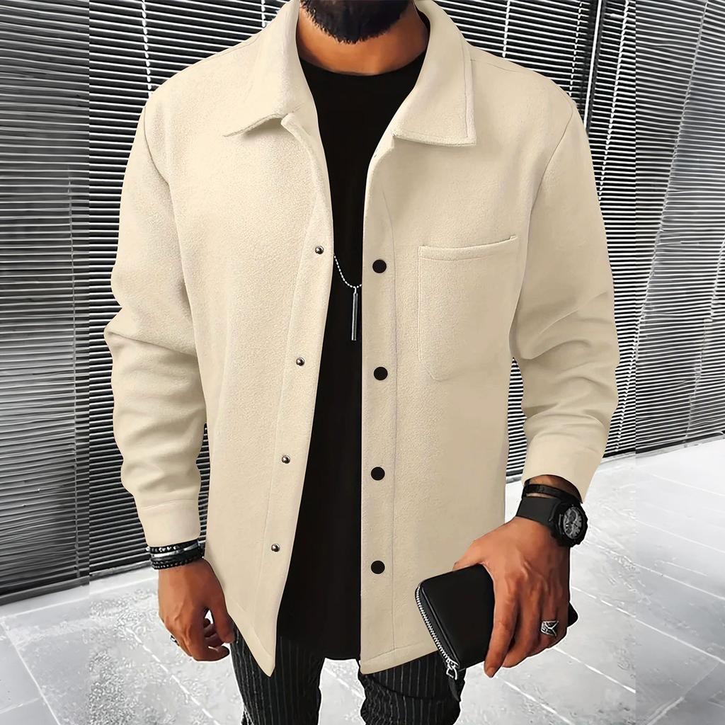Men's Business Casual Lapel Jacket With Pockets Solid Color Brushed Fleece Coat