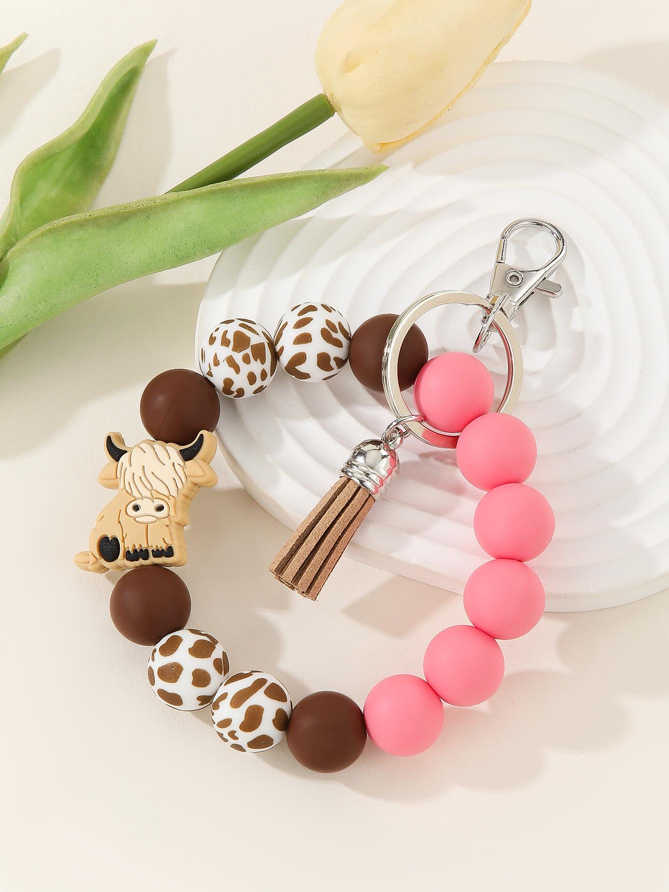 Cartoon Yak Silicone Beaded Bracelet & Keychain with Tassel