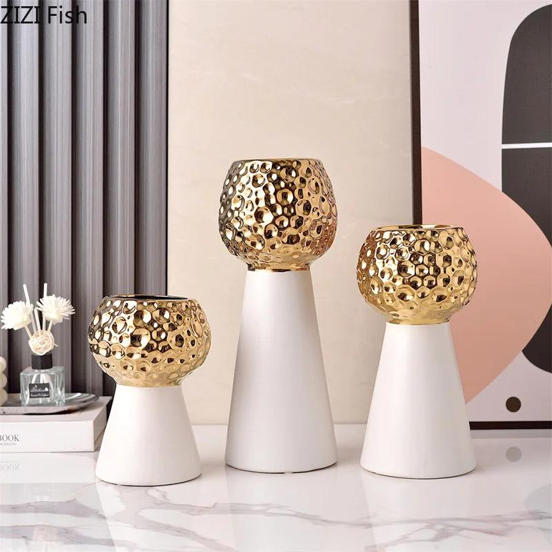 Gold-plated Hammer Pattern Ceramic Vase Creative Plant Pots Table Decoration Flower Arrangement Floral Vase Room Aesthetic Decor