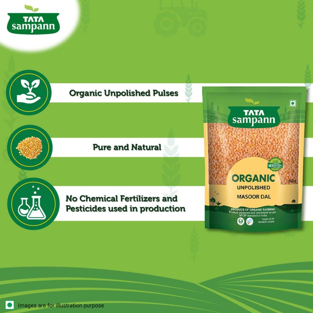 Tata Sampann Organic Unpolished Masoor Dal 500g Pack High Protein Fiber Rich Staple Food