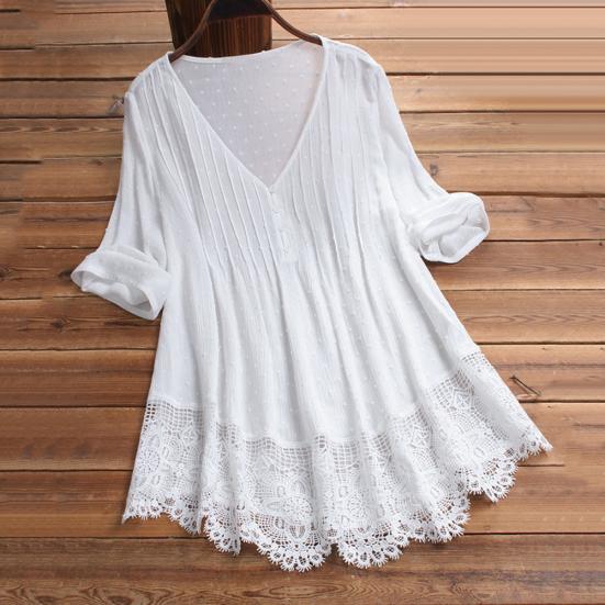 Damen Halbsleeve Nähte Ausgeschnitten Blumen Spitze Saum Knöpfe Dekoration Bluse