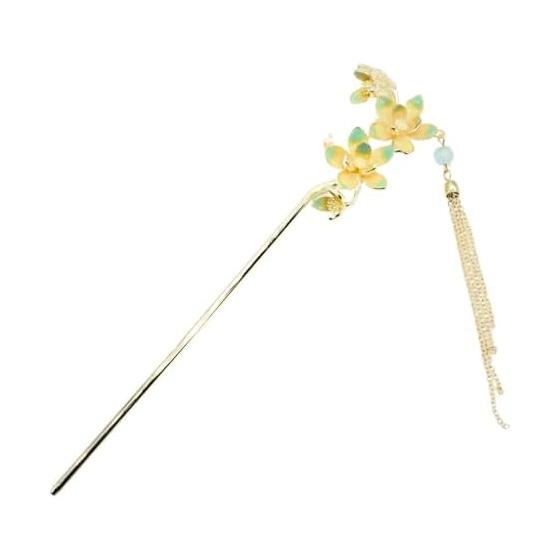 Miaomyao Hairpin, Antique Metal Hair Stick for Japanese Kimono, Yukata, Hair Accessory with Lotus Flower Charm, Blue, Elegant Single-Prong Kanzashi,