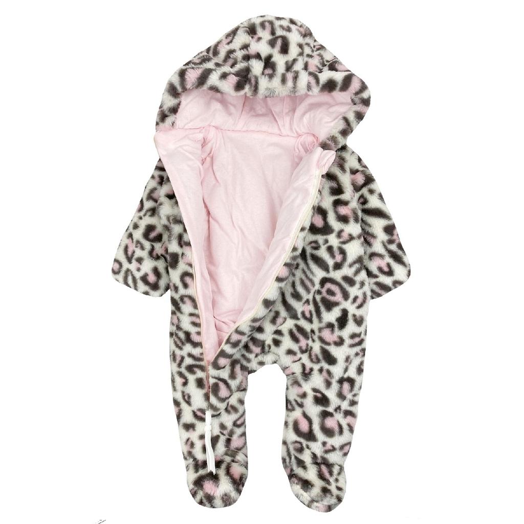 Leoparden-Mädchen-Baby-Outdoor-Overall mit Kapuze, Rosa