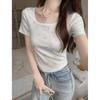 bm pure desire floral summer short-sleeved T-shirt generous collar hem curved slim and thin daily versatile short top