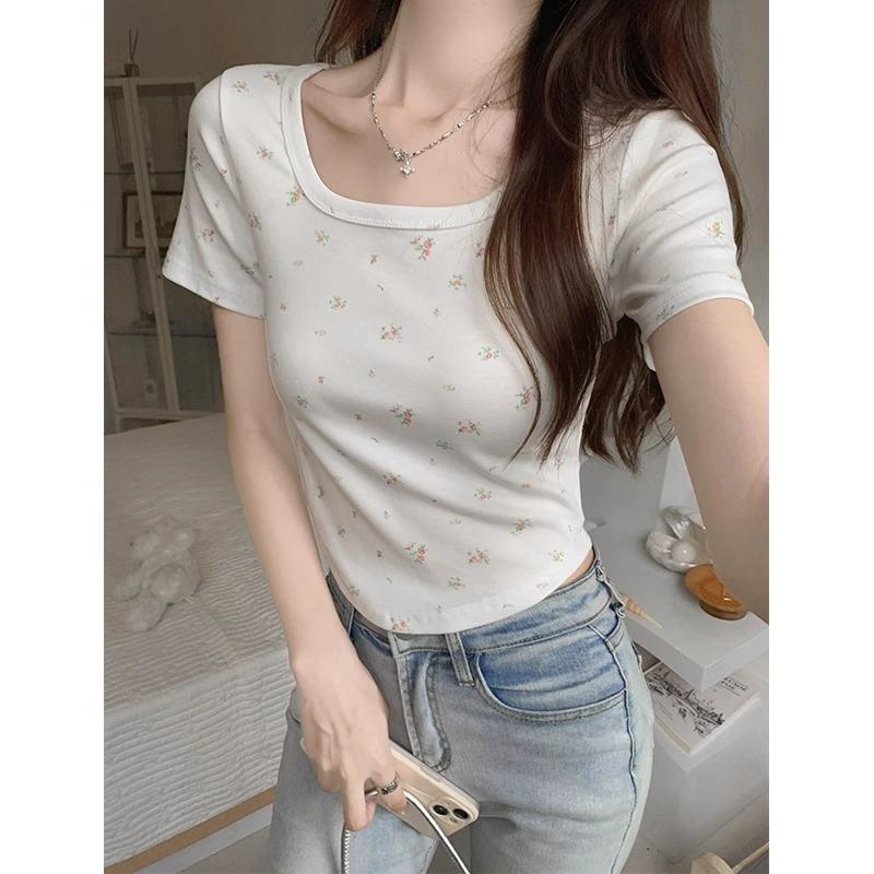 bm pure desire floral summer short-sleeved T-shirt generous collar hem curved slim and thin daily versatile short top
