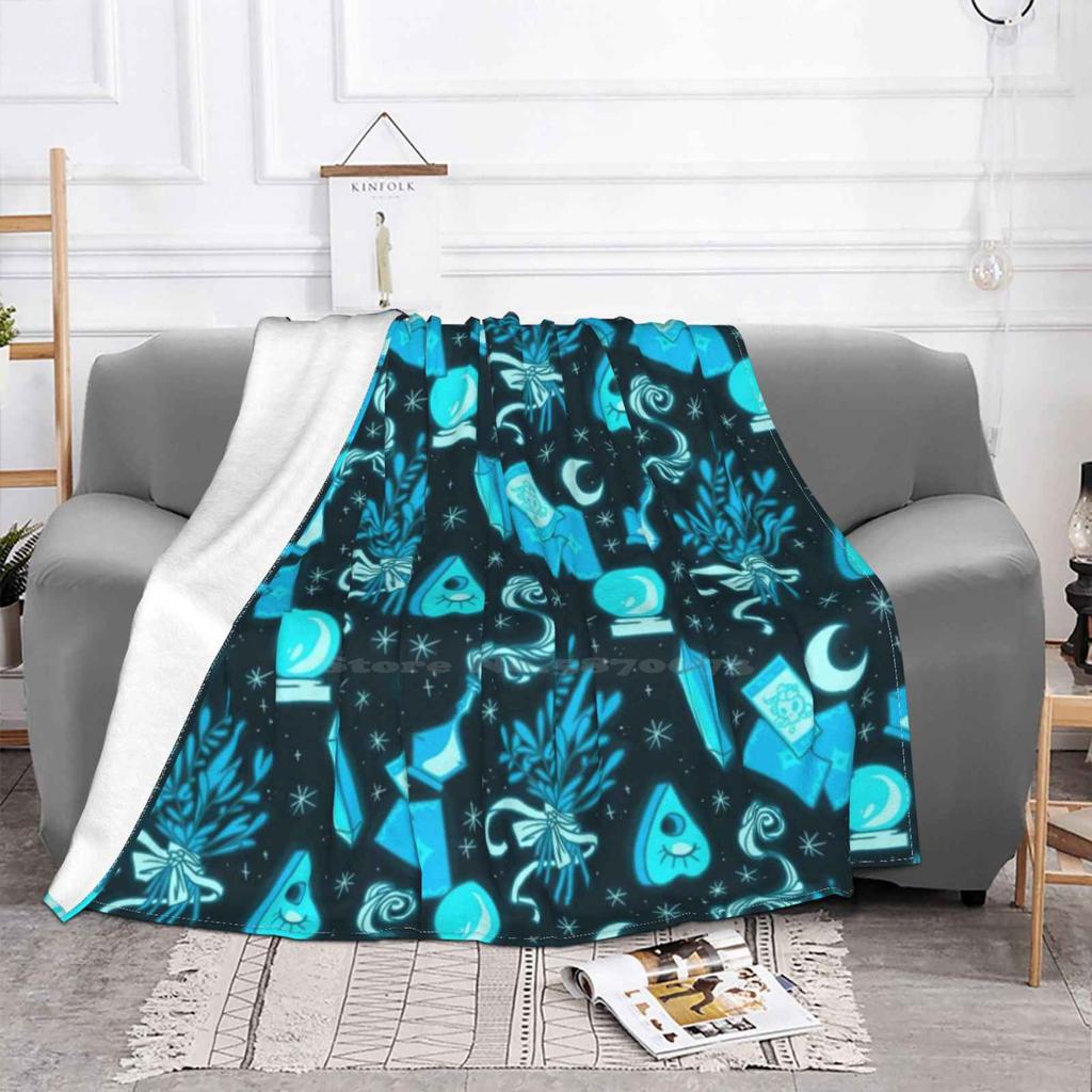 Blue Neon Latest Super Soft Warm Light Thin Blanket Neon Blue Magic Witchcraft Zapatrax Potion Ouija Plant Pattern Tarot Moon