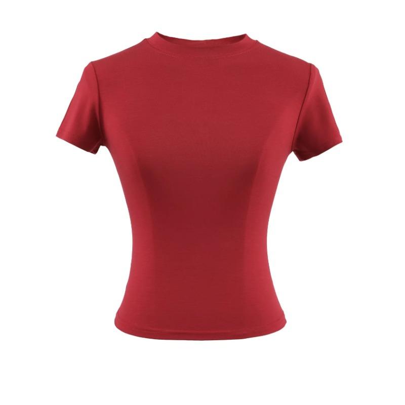 Amoi Women's Solid Color Kardashian Crew Neck Slim-Fit Short Bottom Shirt Basic Short Sleeve Shirt