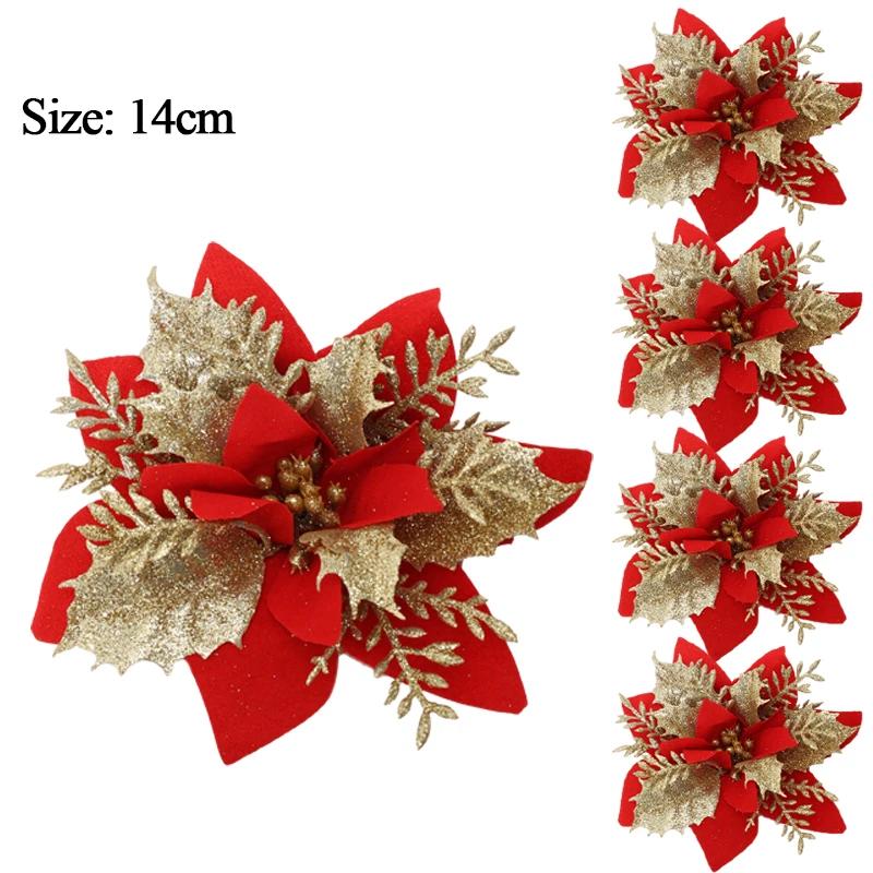 

10/1 шт. 15 см Блестящие Рождественские цветы Искусственная голова цветка пуансеттии Украшение для рождественской елки Домашнее украшение Навидад Новый год 1pcs